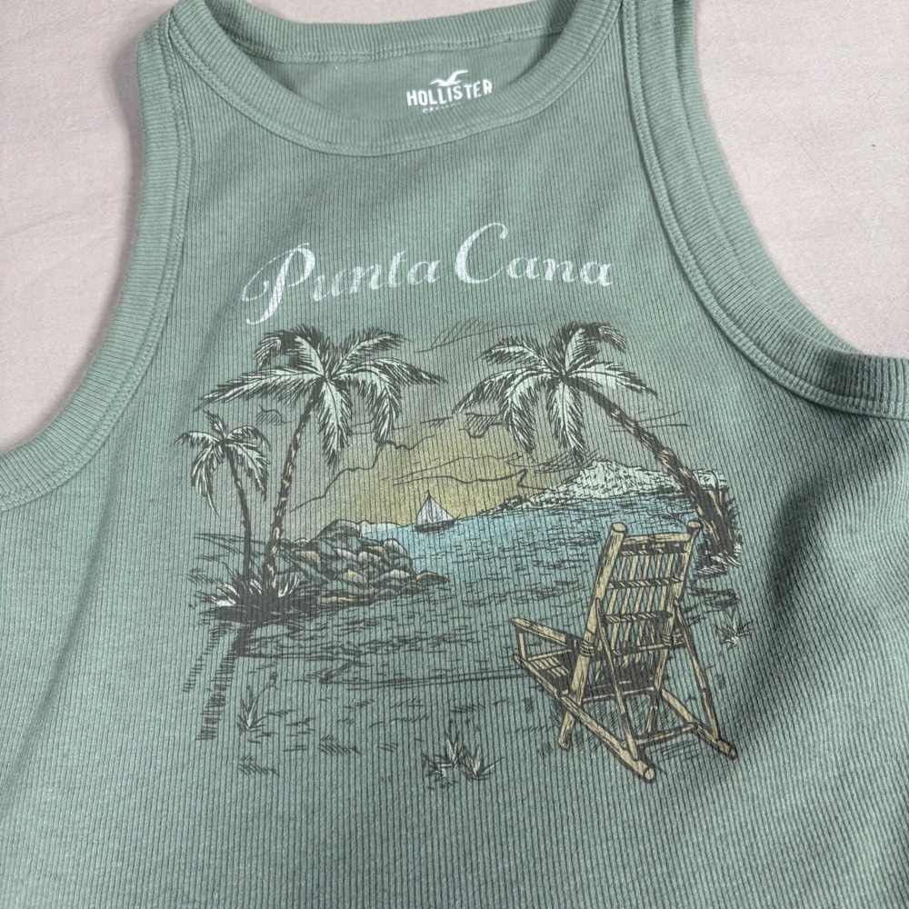 Hollister Punta Cana Graphic Ribbed Tank Top Sage Green Small